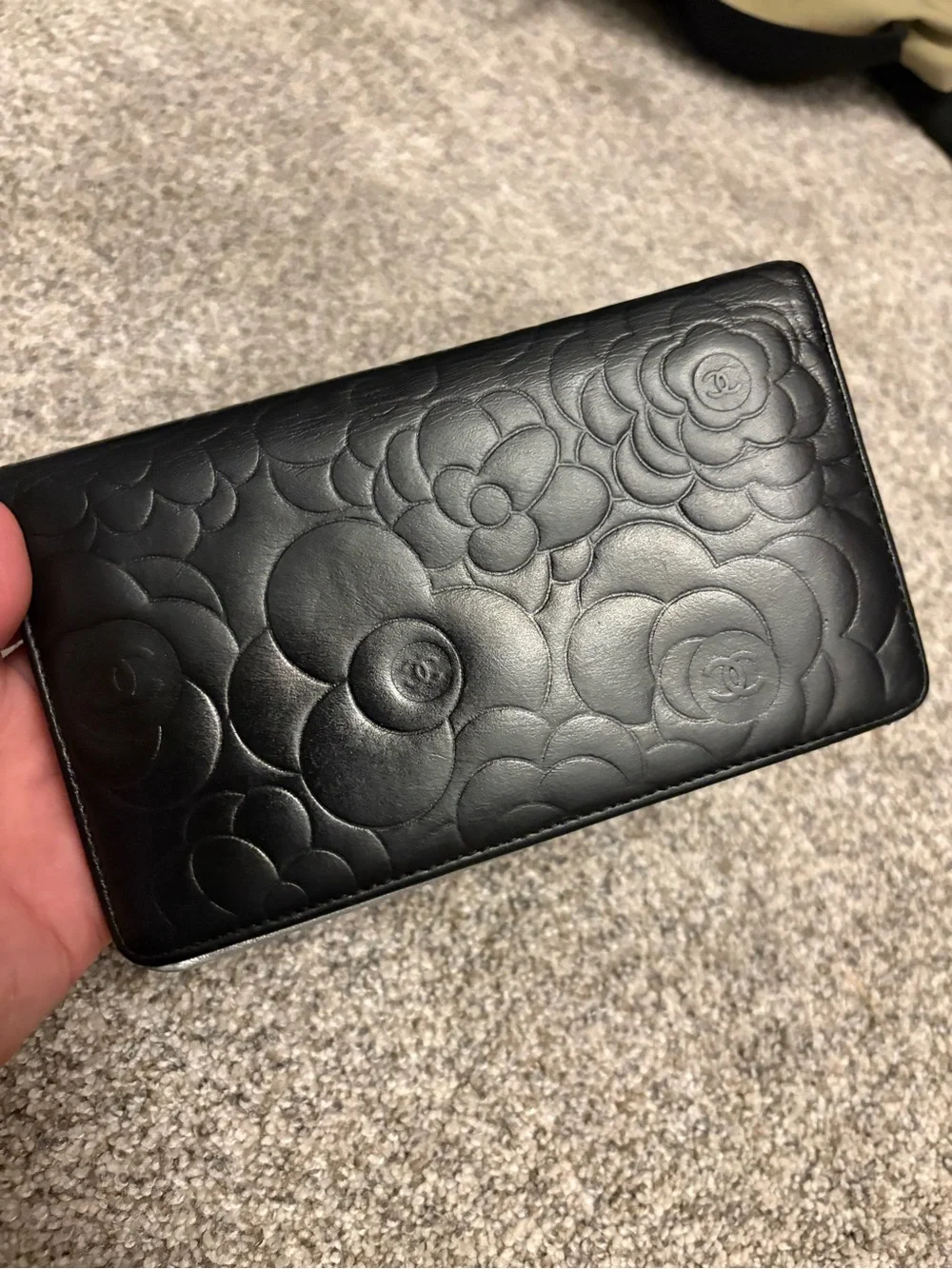 CHANEL Black Quilted Camellia Leather Long Wallet with CC Emblem, VGUC!
